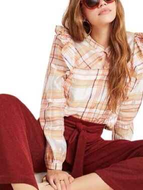 Current Air Anthropologie Orange and Cream Plaid Ruffle Blouse Size XL